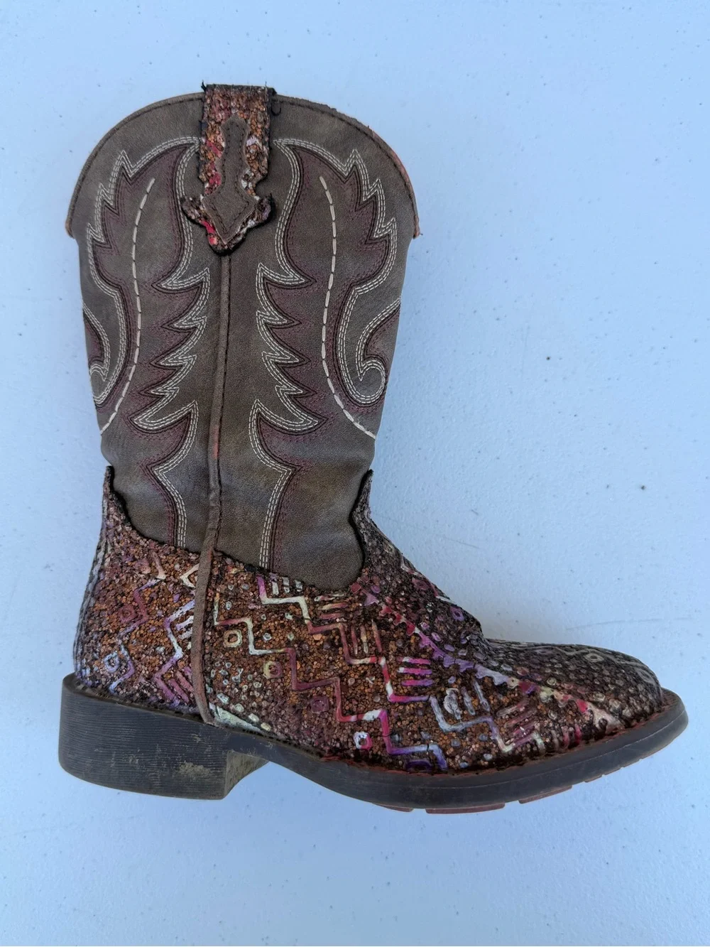 Roper Girls Size 10 Glitter Aztec Western Cowboy Boots Brown Square Toe